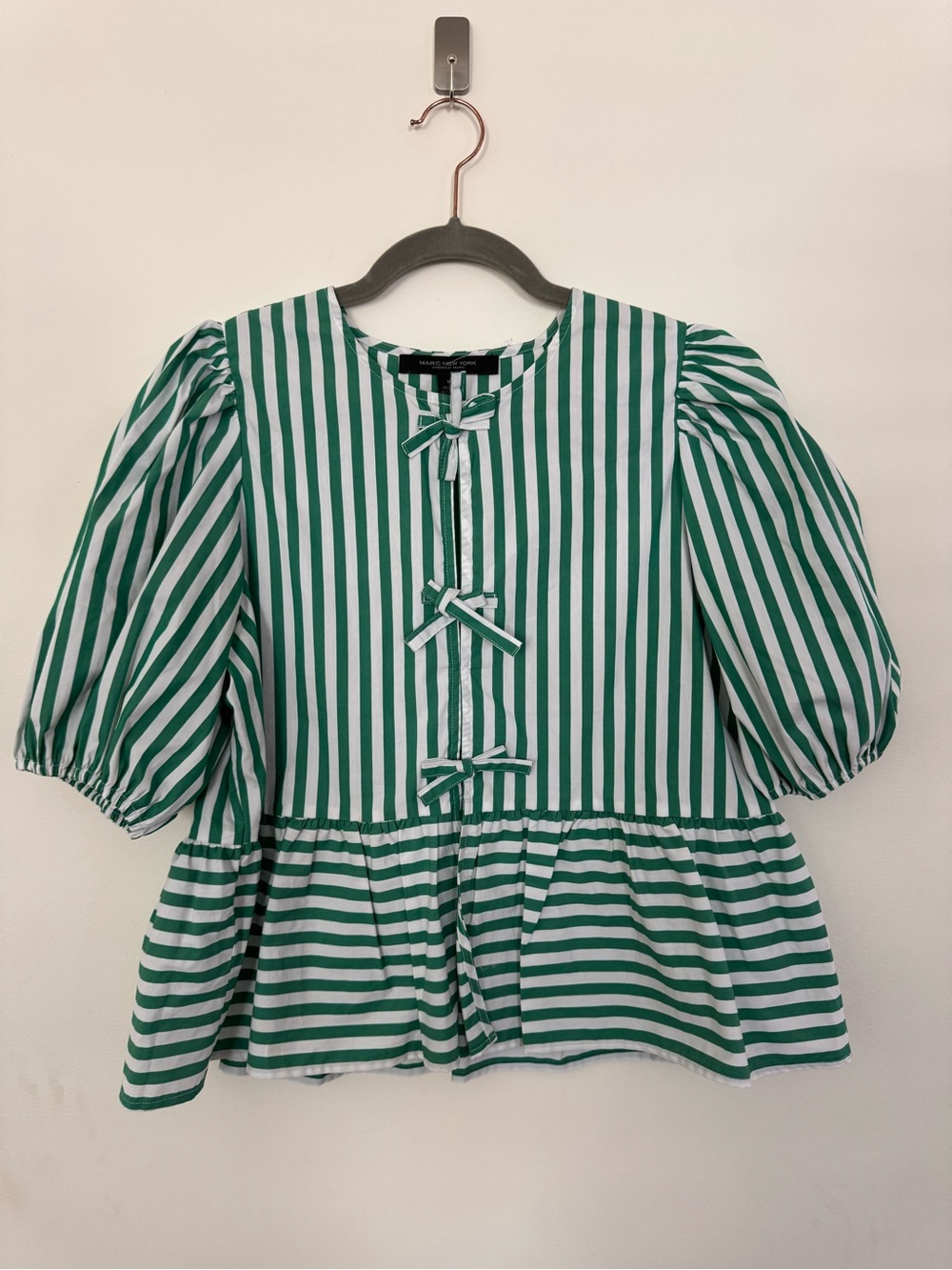 Green & White Striped Puff-Sleeve Peplum Top - Kids